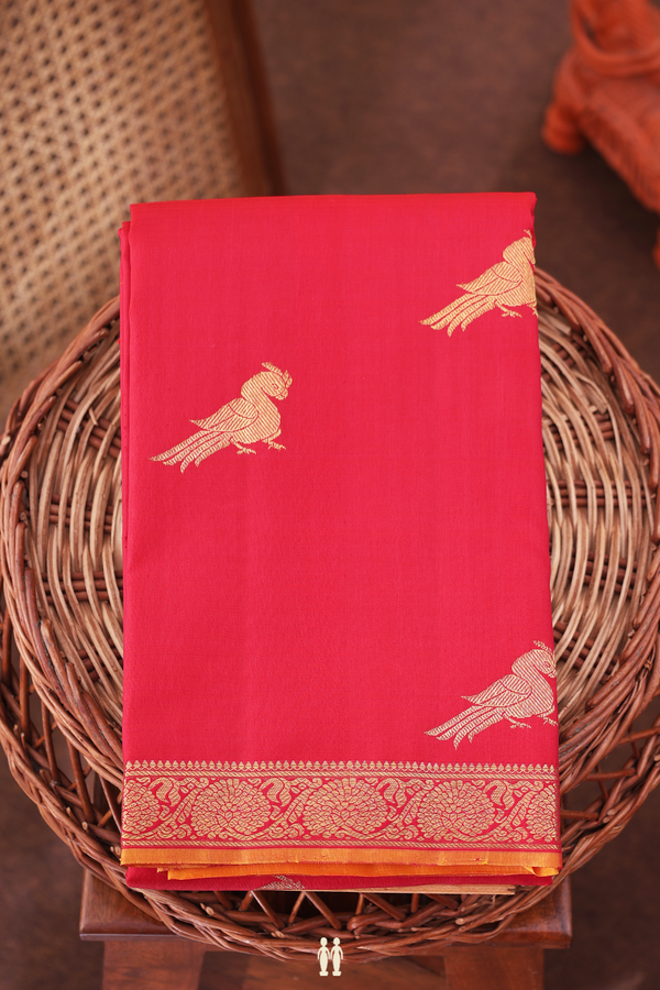 Kanchipuram Silk Saree In Scarlet Red With Peacock Buttas