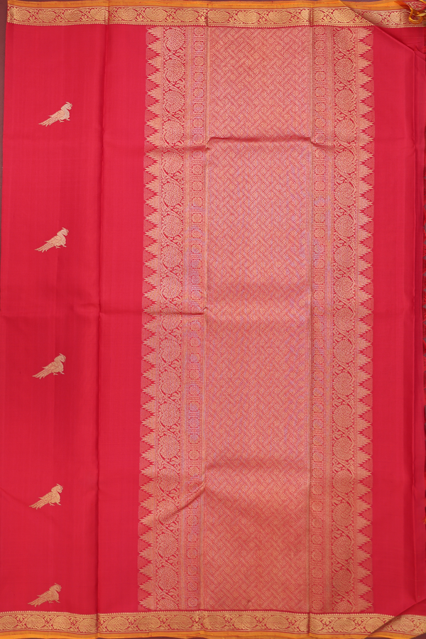 Kanchipuram Silk Saree In Scarlet Red With Peacock Buttas