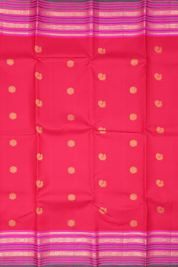 Kanchipuram Silk Saree In Crimson Red With Peacock Buttas