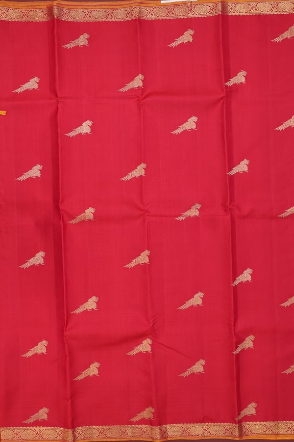 Kanchipuram Silk Saree In Scarlet Red With Peacock Buttas
