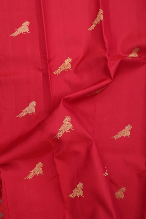 Kanchipuram Silk Saree In Scarlet Red With Peacock Buttas