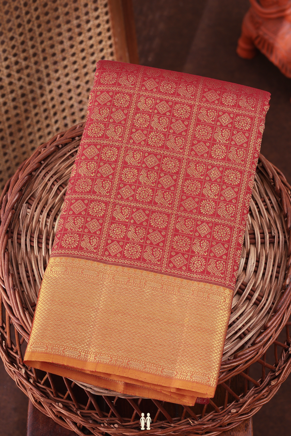 Kanchipuram Silk Saree In Crimson Red With Peacock Design