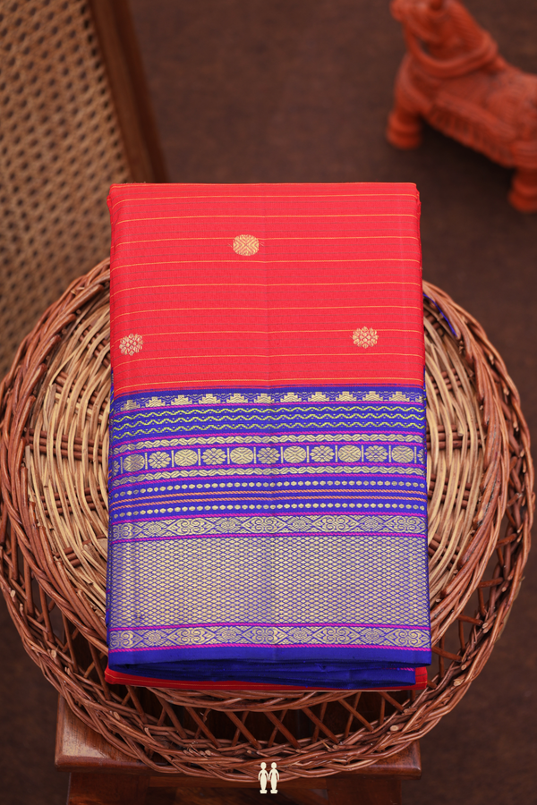 Kanchipuram Silk Saree In Red Along Stripes With Buttas