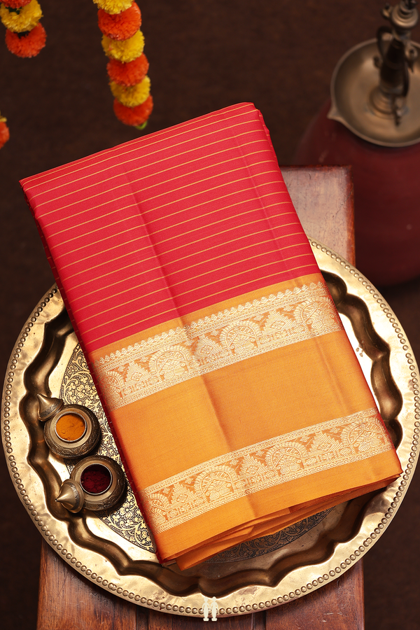 Kanchipuram Silk Saree In Crimson Red With Stripes Design
