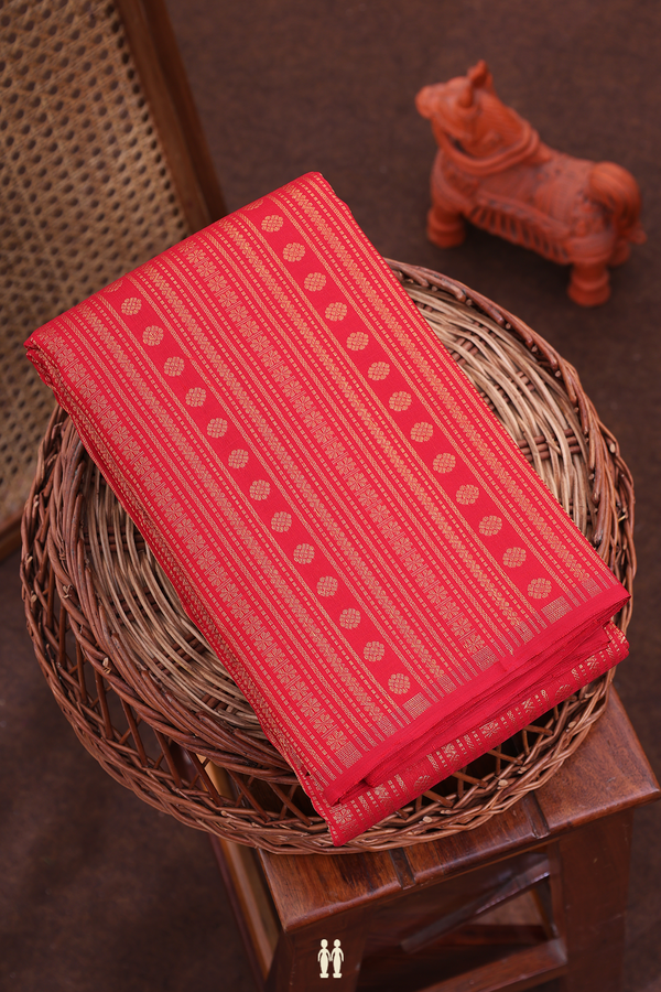 Kanchipuram Silk Saree In Crimson Red With Stripes Design