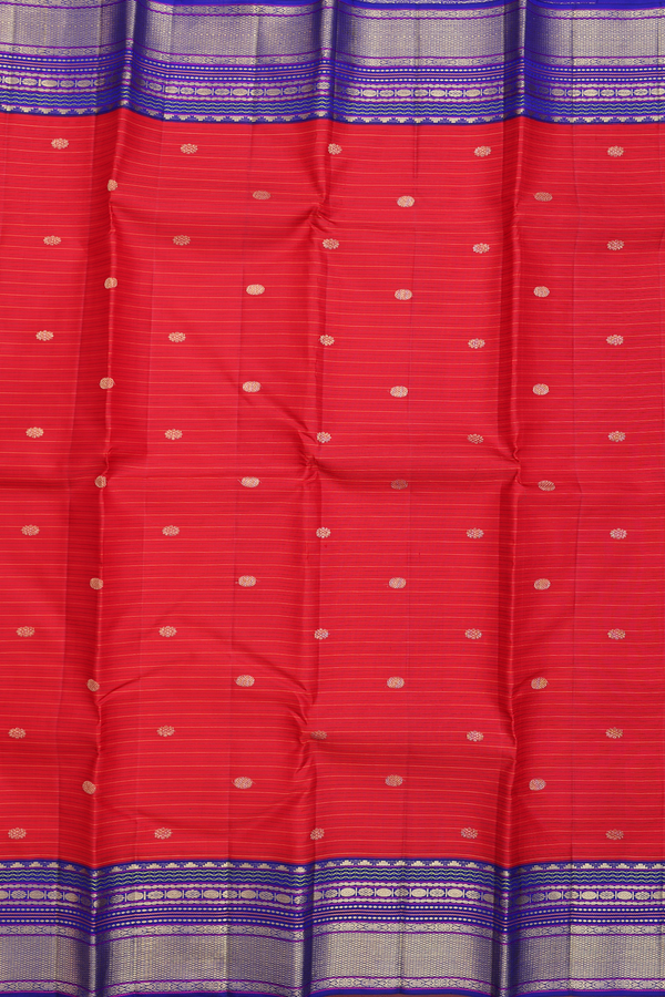 Kanchipuram Silk Saree In Red Along Stripes With Buttas