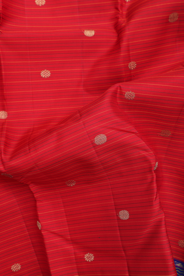 Kanchipuram Silk Saree In Red Along Stripes With Buttas