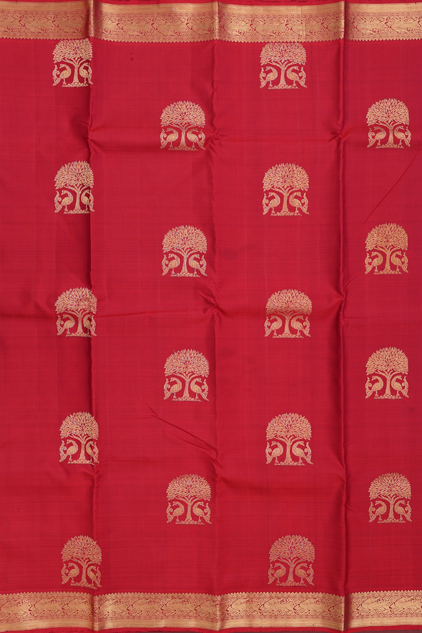 Kanchipuram Silk Saree In Crimson Red With Tree Motifs