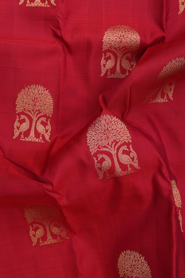 Kanchipuram Silk Saree In Crimson Red With Tree Motifs