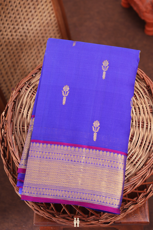 Kanchipuram Silk Saree In Dark Blue With Floral Buttas