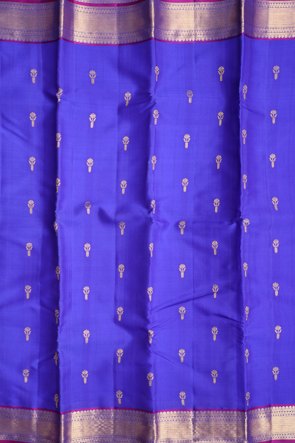 Kanchipuram Silk Saree In Dark Blue With Floral Buttas