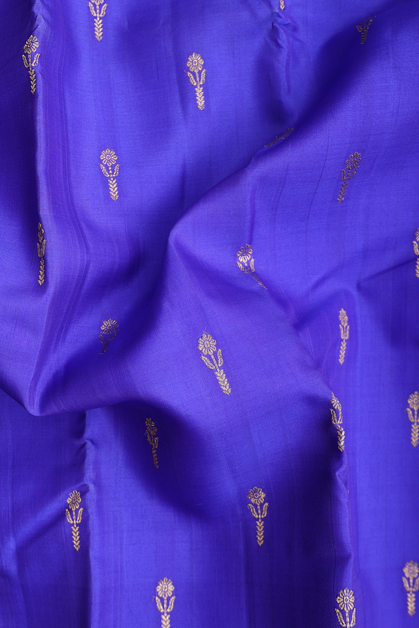 Kanchipuram Silk Saree In Dark Blue With Floral Buttas