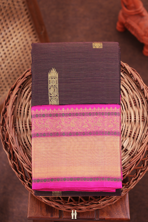 Kanchipuram Silk Saree In Dark Brown Along Stripes With Buttas