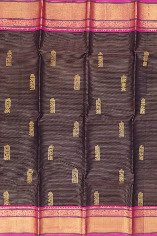 Kanchipuram Silk Saree In Dark Brown Along Stripes With Buttas