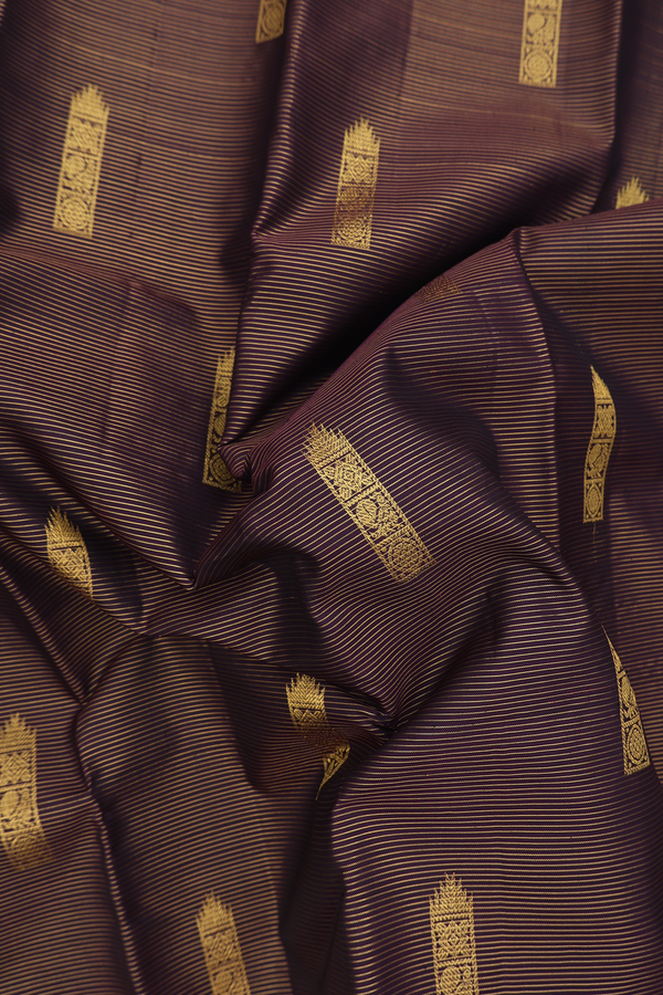 Kanchipuram Silk Saree In Dark Brown Along Stripes With Buttas