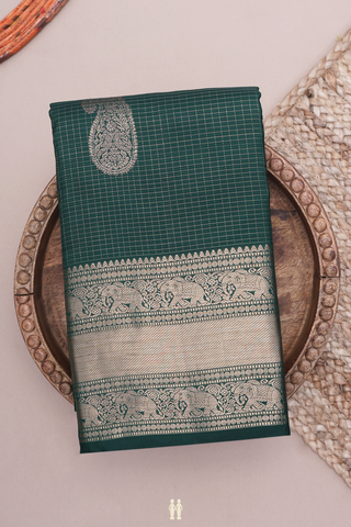 Kanchipuram Silk Saree In Dark Green Checks With Buttas