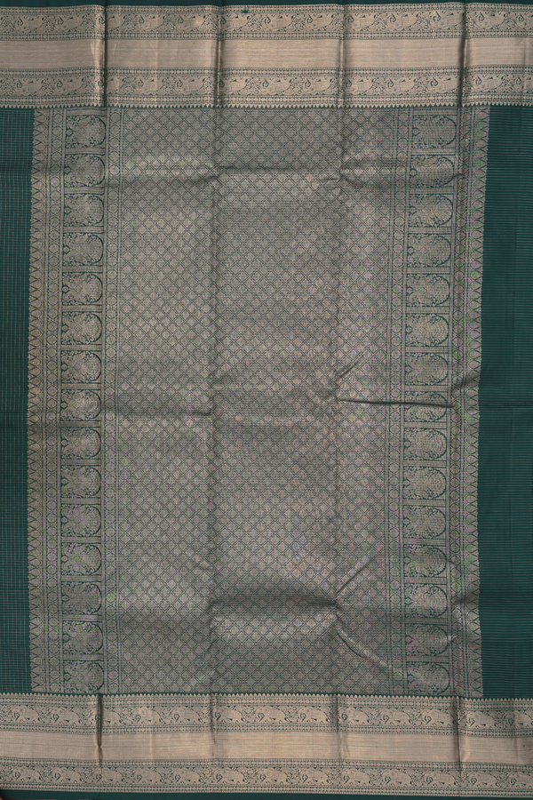 Kanchipuram Silk Saree In Dark Green Checks With Buttas