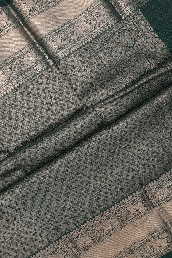 Kanchipuram Silk Saree In Dark Green Checks With Buttas