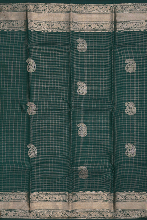 Kanchipuram Silk Saree In Dark Green Checks With Buttas