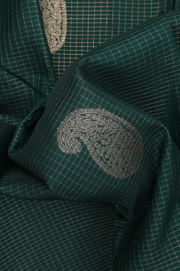 Kanchipuram Silk Saree In Dark Green Checks With Buttas