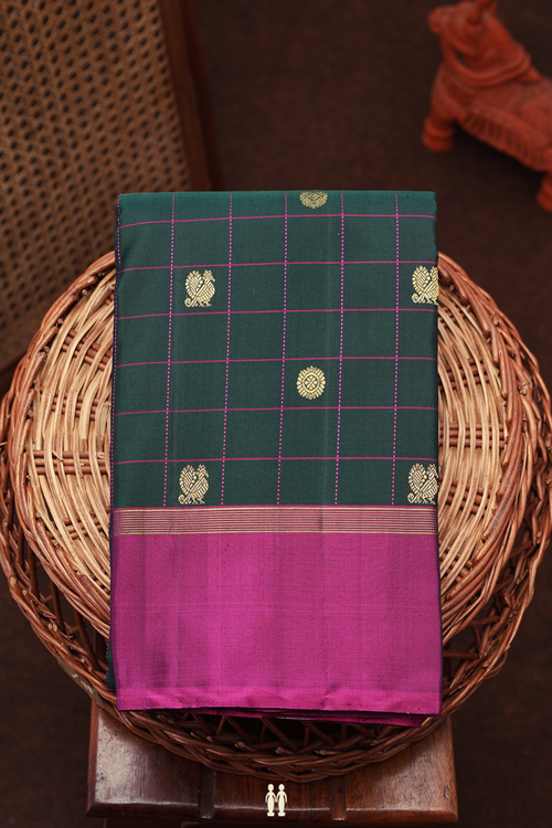 Kanchipuram Silk Saree In Dark Green With Checks Along Buttas