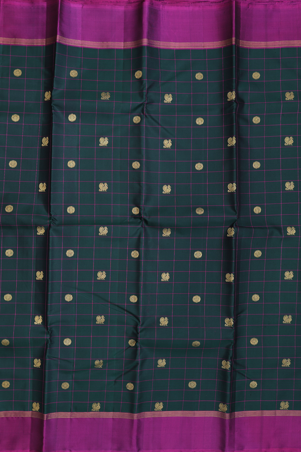 Kanchipuram Silk Saree In Dark Green With Checks Along Buttas