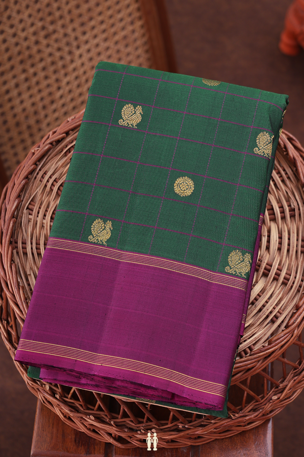 Kanchipuram Silk Saree In Dark Green With Checks Design