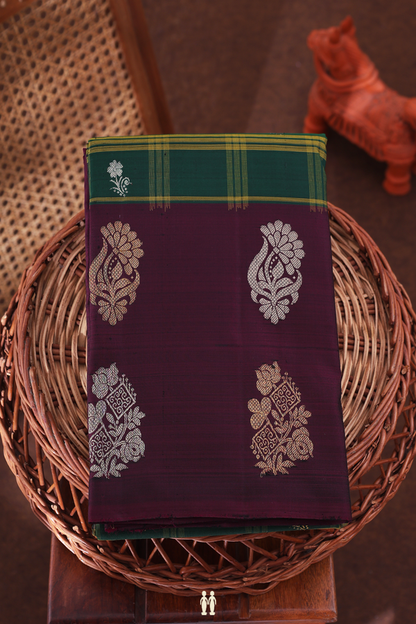 Kanchipuram Silk Saree In Dark Green With Checks Design