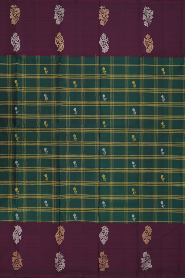 Kanchipuram Silk Saree In Dark Green With Checks Design