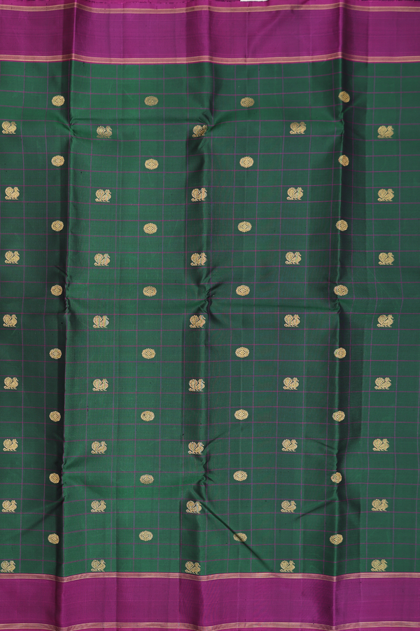 Kanchipuram Silk Saree In Dark Green With Checks Design