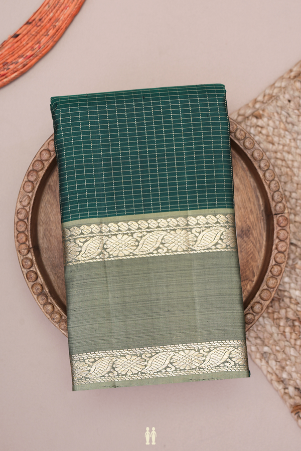 Kanchipuram Silk Saree In Dark Green With Checks Design