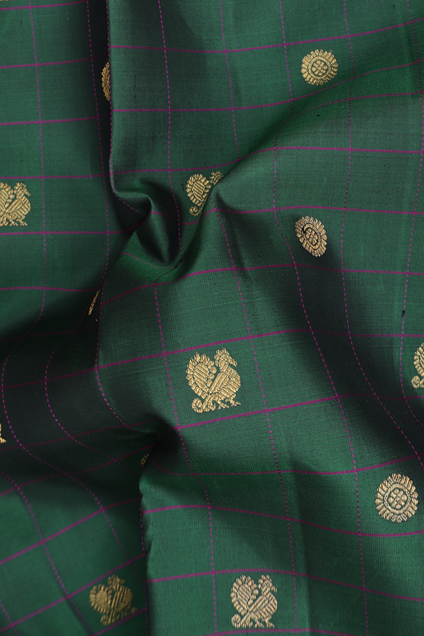 Kanchipuram Silk Saree In Dark Green With Checks Design