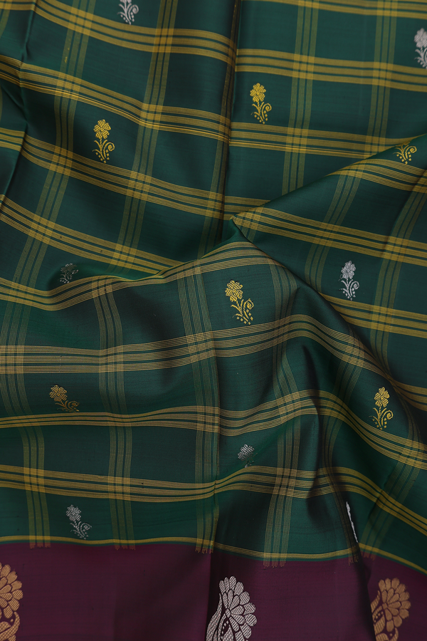 Kanchipuram Silk Saree In Dark Green With Checks Design