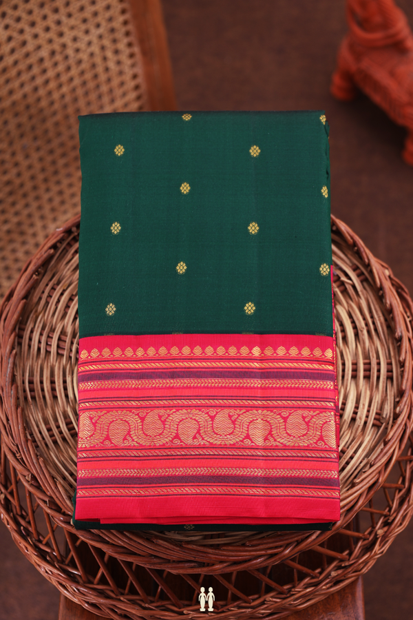 Kanchipuram Silk Saree In Dark Green With Floral Buttis