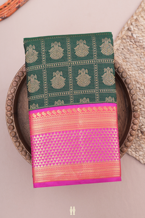 Kanchipuram Silk Saree In Dark Green With Iruthalai Pakshi