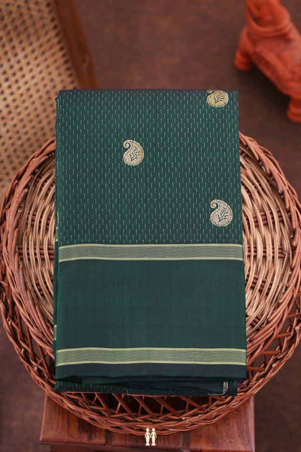 Kanchipuram Silk Saree In Dark Green With Paisley Buttas