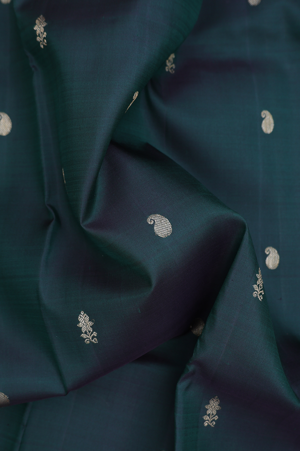 Kanchipuram Silk Saree In Dark Green With Paisley Buttas
