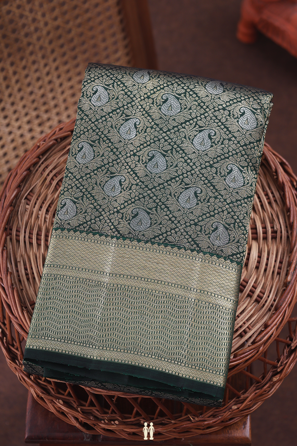Kanchipuram Silk Saree In Dark Green With Paisley Design