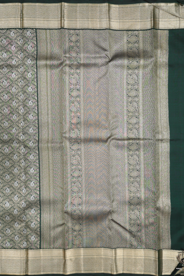 Kanchipuram Silk Saree In Dark Green With Paisley Design