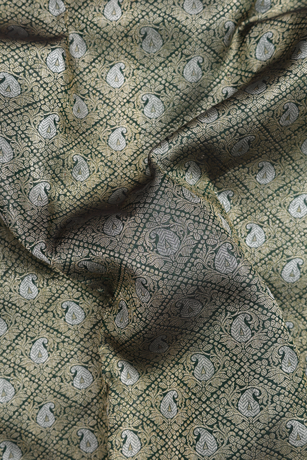 Kanchipuram Silk Saree In Dark Green With Paisley Design