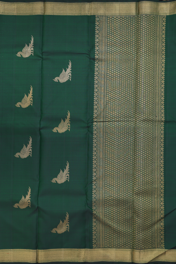 Kanchipuram Silk Saree In Dark Green With Peacock Buttas