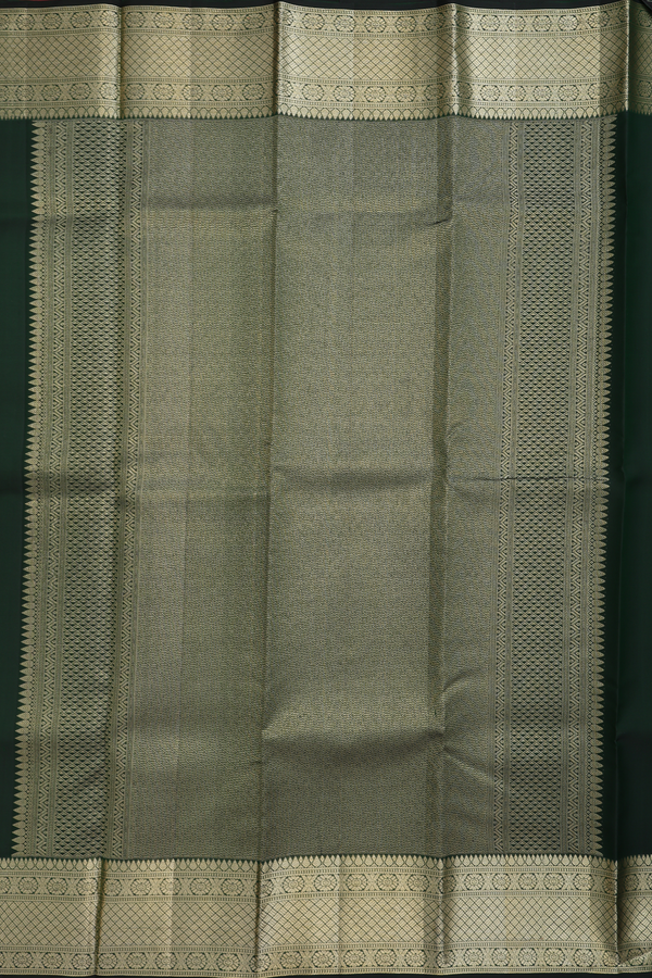 Kanchipuram Silk Saree In Dark Green With Peacock Buttas