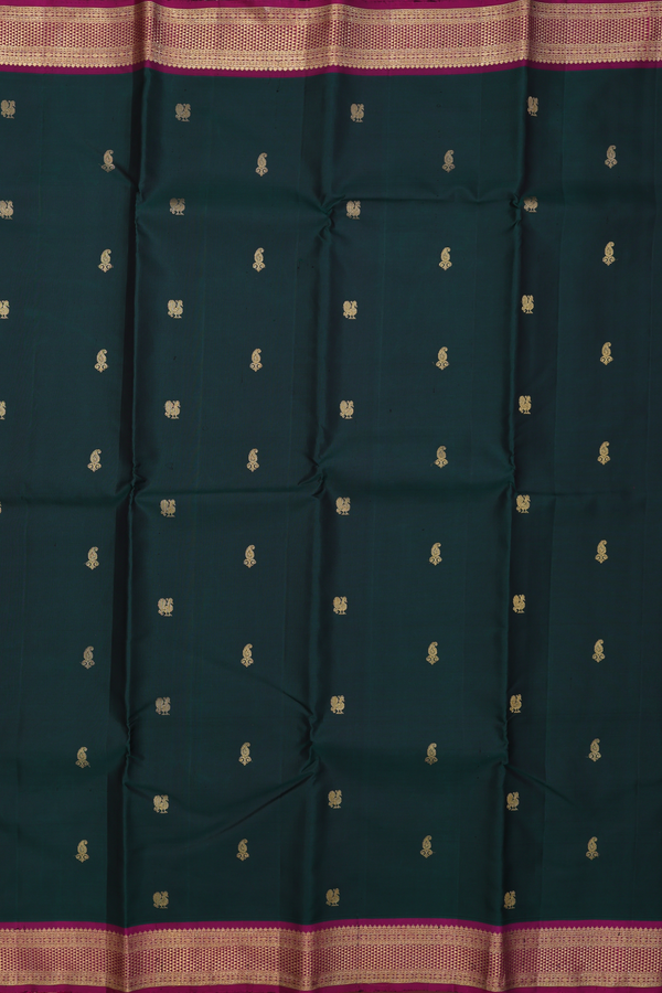 Kanchipuram Silk Saree In Dark Green With Peacock Buttas