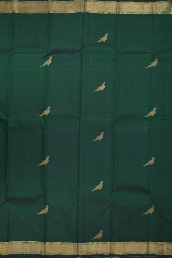 Kanchipuram Silk Saree In Dark Green With Peacock Buttas