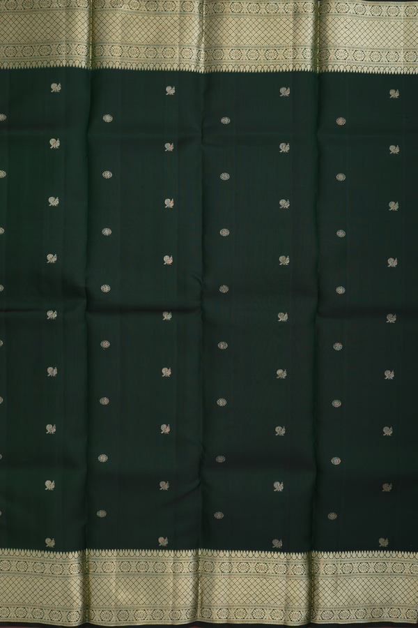 Kanchipuram Silk Saree In Dark Green With Peacock Buttas