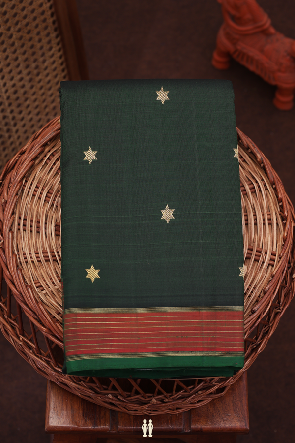 Kanchipuram Silk Saree In Dark Green With Star Buttas