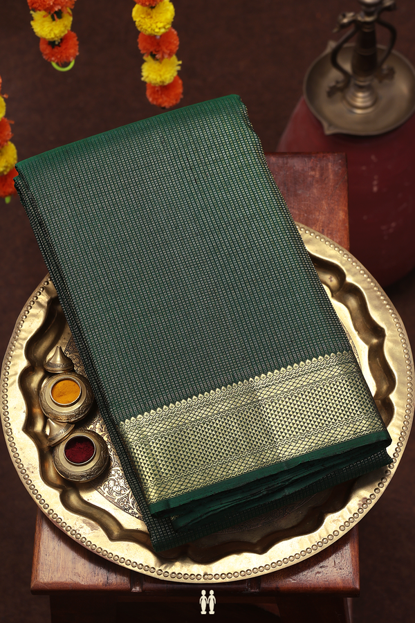 Kanchipuram Silk Saree In Dark Green With Stripes Design