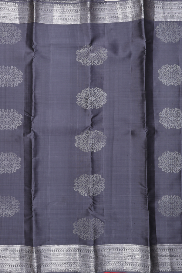 Kanchipuram Silk Saree In Dark Grey With Zari Motifs