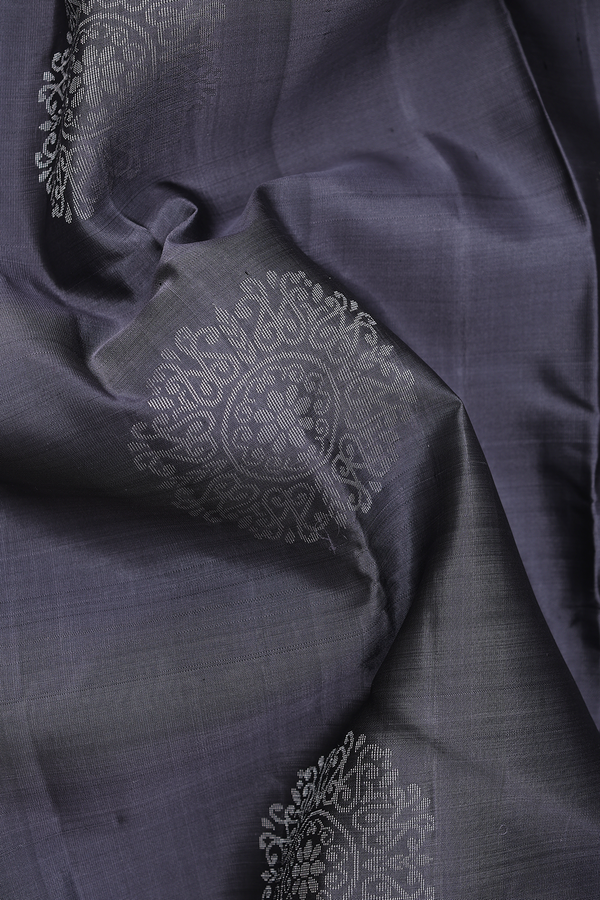 Kanchipuram Silk Saree In Dark Grey With Zari Motifs