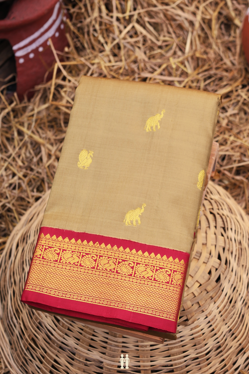 Kanchipuram Silk Saree In Dark Khaki With Elephant Buttas